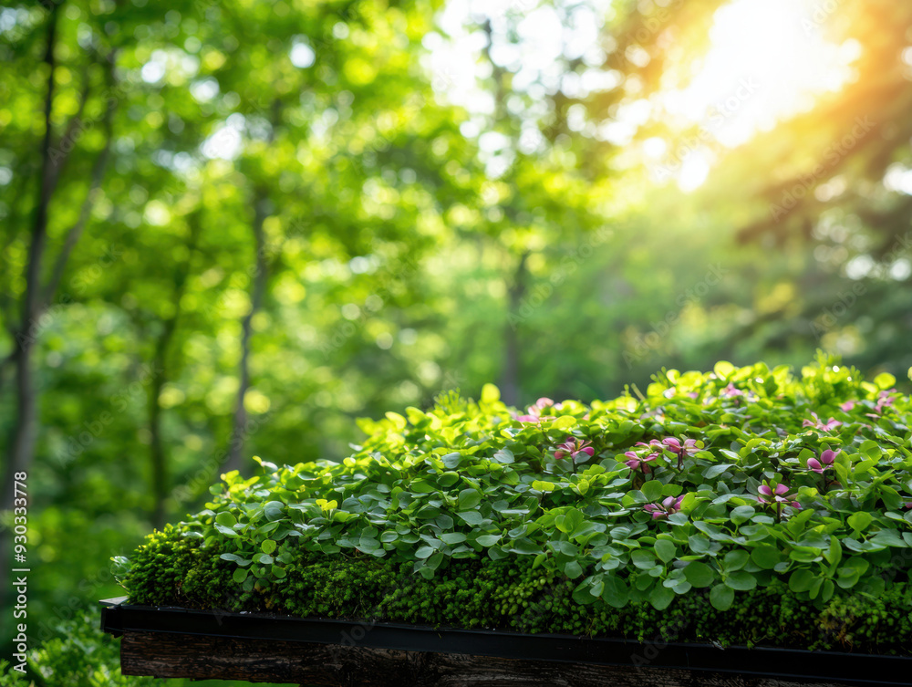 Lush green rooftop garden with sunlight shining through trees in a tranquil forest setting, showcasing nature's beauty and sustainable living. Lush green rooftop garden with sunlight shining through trees in a tranquil forest setting, showcasing nature's beauty and sustainable living.