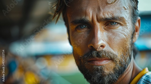 Close-up portrait of an intense male athlete preparing for a game at a sports stadium during the evening