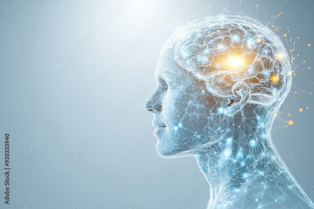Digital depiction of a human profile with a glowing brain symbolizing artificial intelligence neural networks and the fusion of human cognition with advanced technology in a futuristic setting Digital depiction of a human profile with a glowing brain symbolizing artificial intelligence neural networks and the fusion of human cognition with advanced technology in a futuristic setting