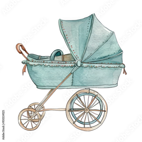 Vintage teal baby stroller illustration