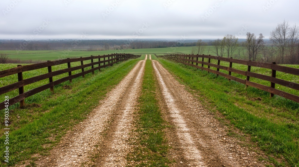 Obraz premium A gravel road stretches into the distance, framed by green grass and wooden fences, creating a serene and mysterious atmosphere on an overcast day