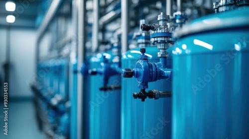 An industrial facility showcases rows of large blue pressure tanks arranged systematically, highlighting the modern engineering and technological advancements in industrial processing.