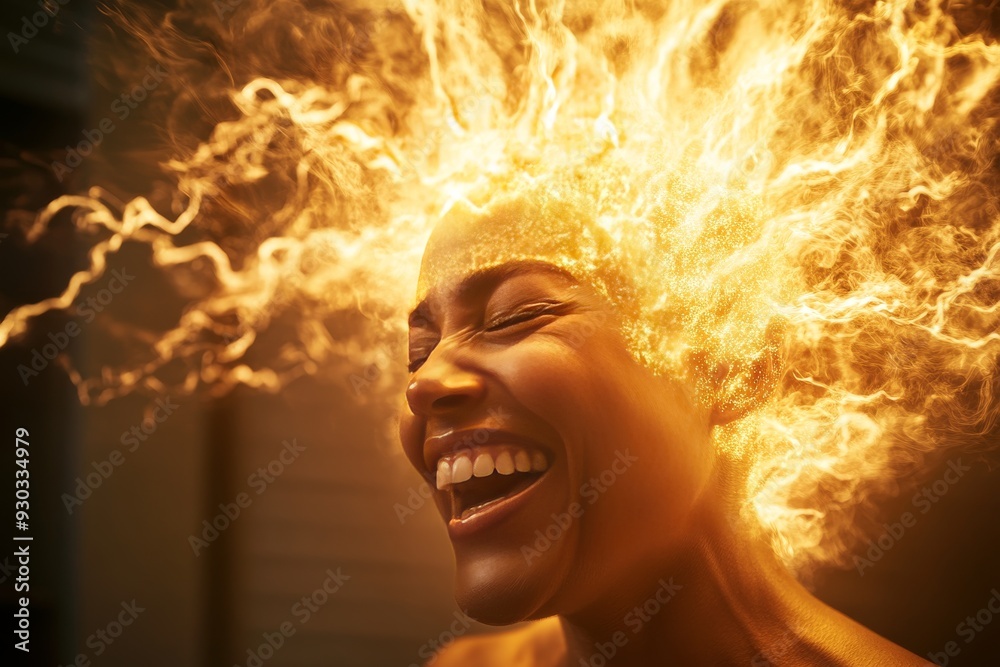 Obraz premium Radiant woman with fiery hair symbolizing the explosion of joy and energy captured in a moment of exuberant laughter her glowing aura highlighting the intensity of her happiness