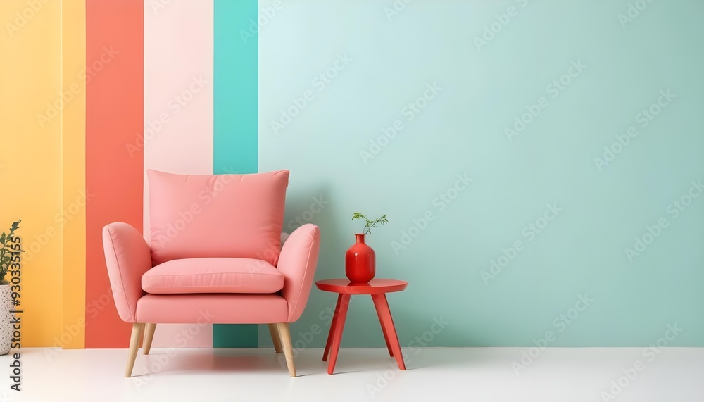 Fototapeta premium A pink sofa and a small red side table in a minimalist room with pastel green walls.