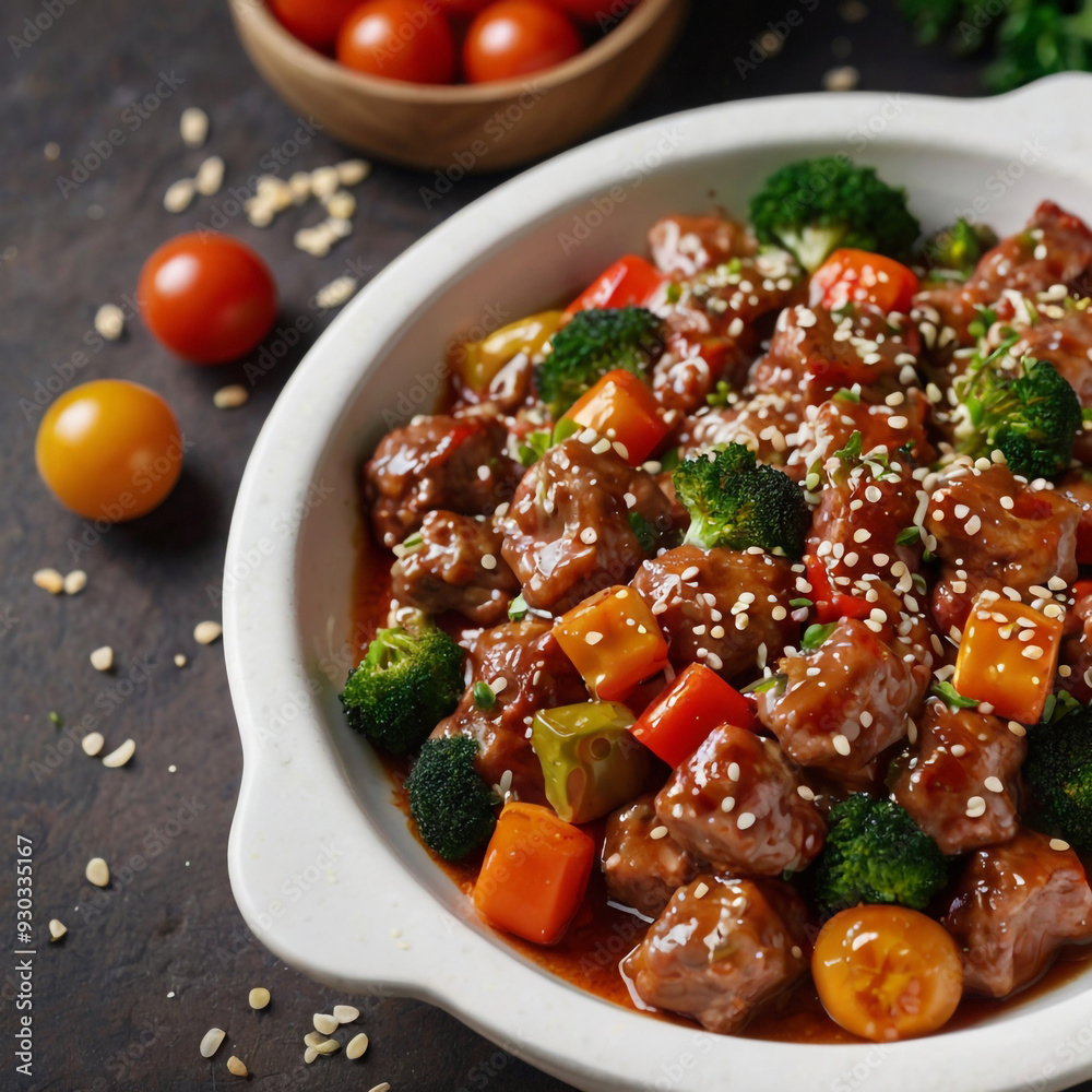 Meat with vegetables in a sauce sprinkled Meat with vegetables in a sauce sprinkled