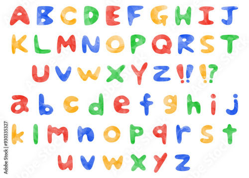 手書きのアルファベットセット、ローマ字のデコレーションセット、水彩カラー