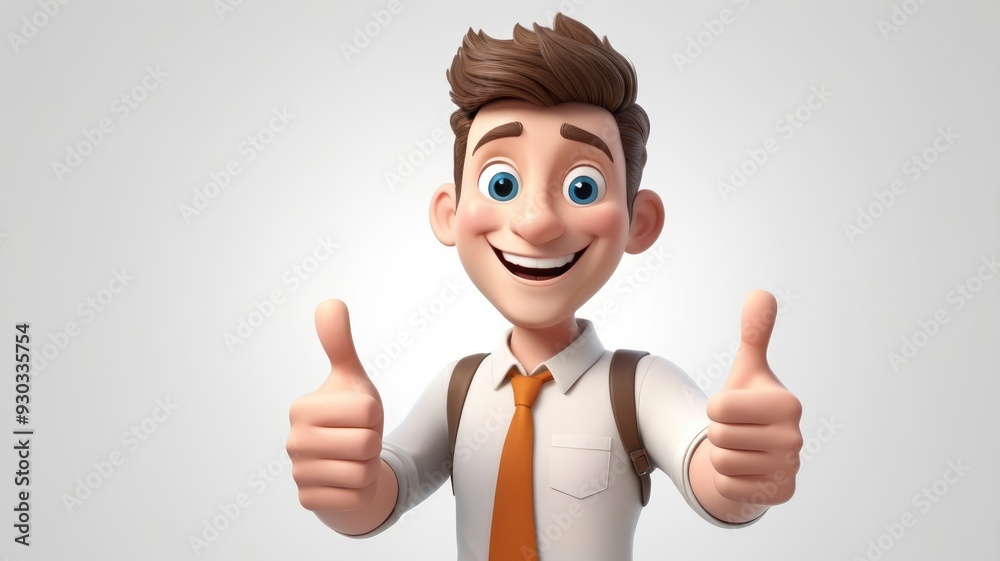 Happy 3D cartoon man giving thumbs up, positive gesture on white background