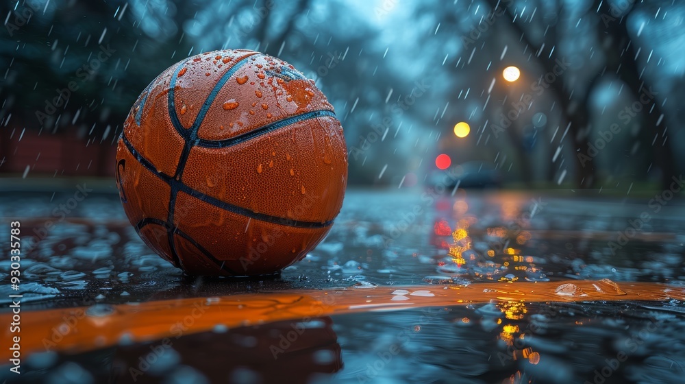 A drenched basketball rests on a wet court during a rainstorm at dusk A drenched basketball rests on a wet court during a rainstorm at dusk