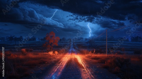 Stormy night with lightning illuminating a rural road under dark clouds