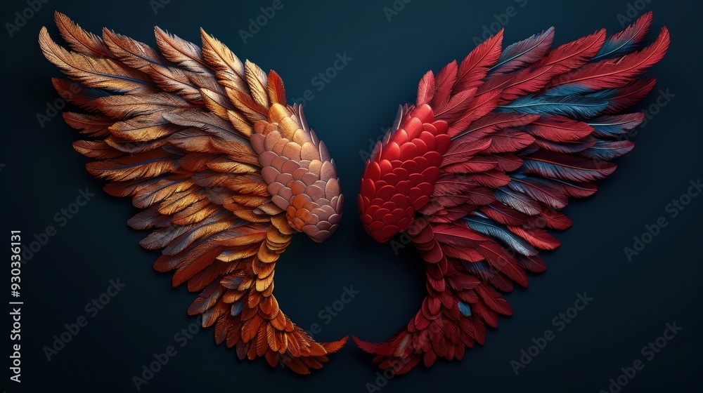 Obraz premium Angelic wings with intricate golden feathers clashing against demonic wings with dark red scales in a symmetrical pattern