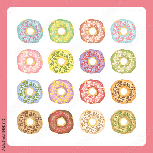 PrintSet of sweet doughnut bread pastry sweet dessert snack cafe food in colorful cream icing topping photo