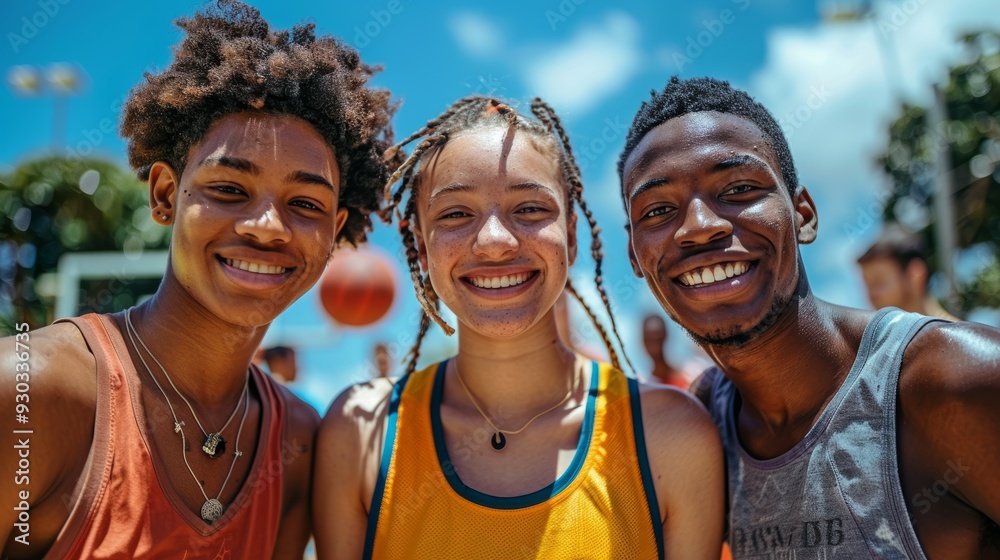 Group of friends enjoying a sunny day at a basketball court while posing for a picture