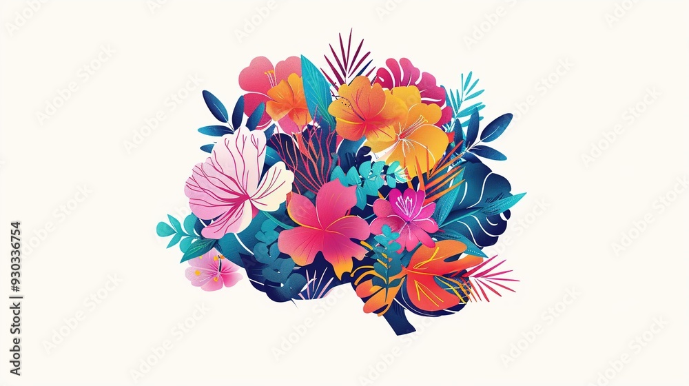 A vibrant illustration of a brain made from colorful flowers and leaves, symbolizing creativity and nature.