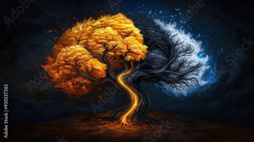 A divine tree with golden leaves opposing a twisted tree with dark, burning branches photo