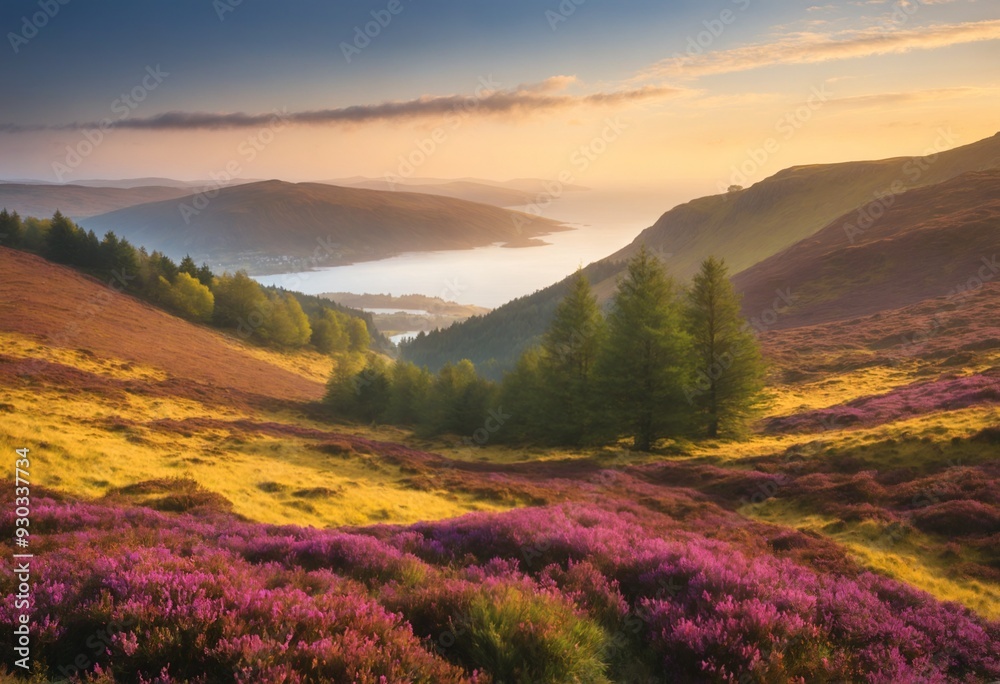 Obraz premium Sunset over purple heather hills