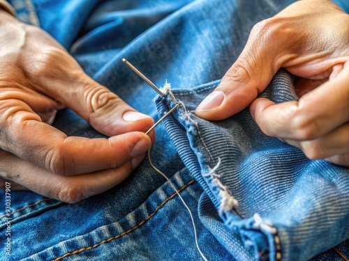 Close-up of hands stitching a patch onto frayed knee area of blue denim jeans, repairing torn fabric with needle and thread, textile maintenance concept.