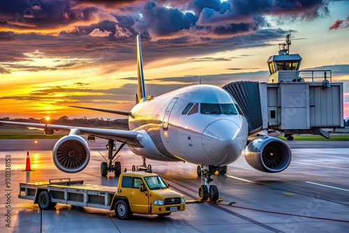 Commercial airliner preparing for departure on a spring evening, cockpit instruments and controls visible, plane parked at airport terminal with tug vehicle in foreground. photo