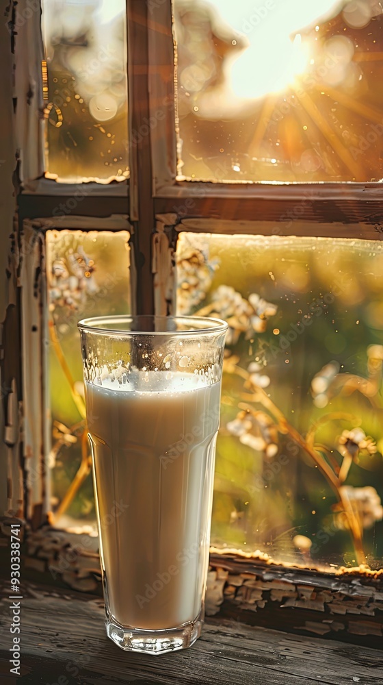 Closeup of glass of milk on wooden window, sunny countryside grass meadow field background. Copy space, rural farm cow animal dairy product, organic healthy and fresh drink nutrition Closeup of glass of milk on wooden window, sunny countryside grass meadow field background. Copy space, rural farm cow animal dairy product, organic healthy and fresh drink nutrition