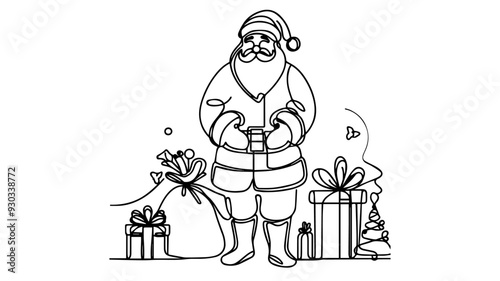 santa claus holding a gift one line illustration