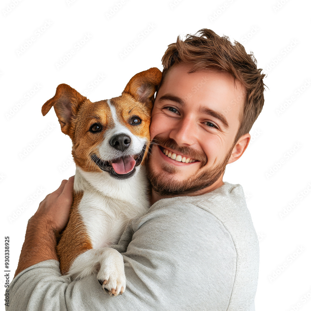 happy dog owner smiling holding his dog in arm happy dog owner smiling holding his dog in arm