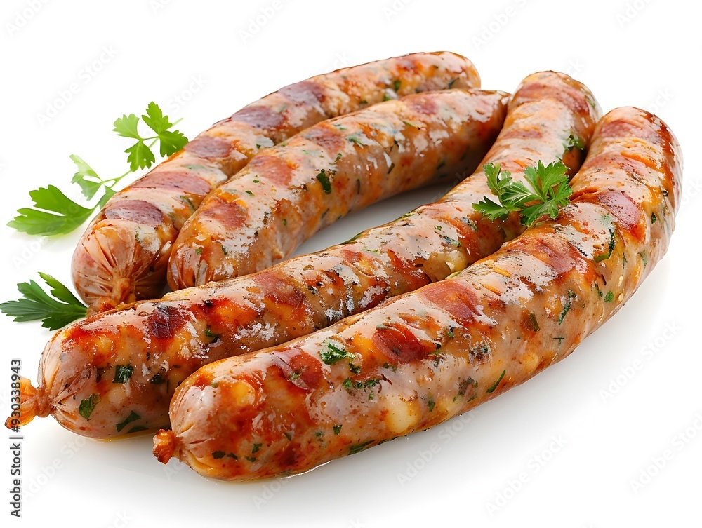 Grilled sausages with fresh herbs arranged on a white background Grilled sausages with fresh herbs arranged on a white background