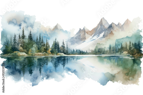Lake landscape painting panoramic.