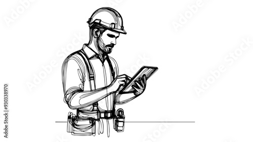 one line illustration of a construction worker using a tablet  