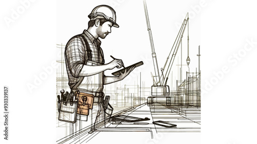 a construction worker using a tablet on a construction site line art illustration