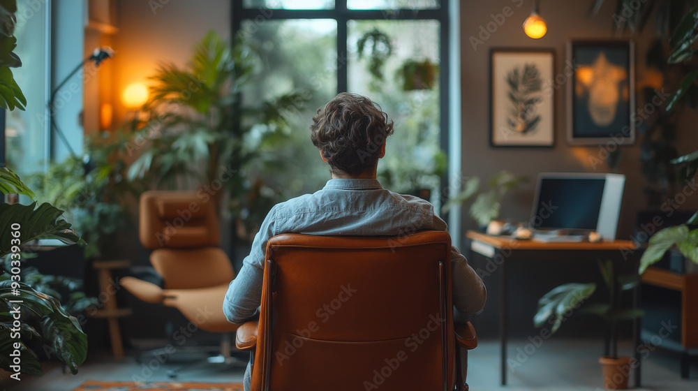 A man sits in a brown chair in a room with plants and a computer A man sits in a brown chair in a room with plants and a computer