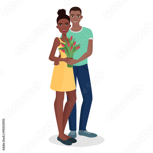 Vector illustration of a couple standing together with flowers, symbolizing romance and affection.