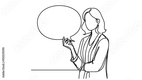 Woman holding blank speech bubble line drawing