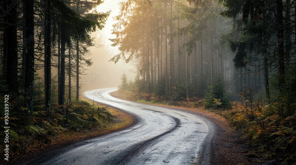 Fototapeta premium A winding road through misty forest evokes sense of tranquility and mystery. soft light filtering through trees enhances serene atmosphere of scene. 