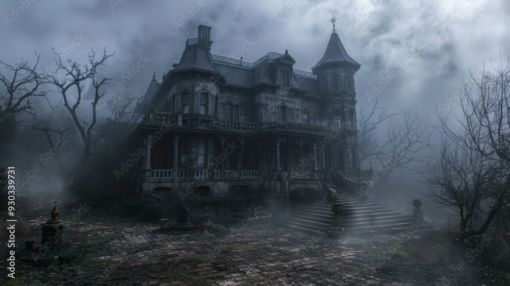 Mysterious haunted mansion surrounded by fog in an eerie landscape at dusk Mysterious haunted mansion surrounded by fog in an eerie landscape at dusk