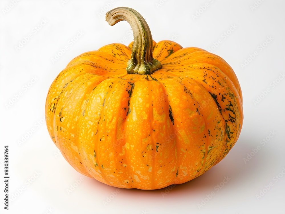 Bright orange pumpkin with greenish stem displayed against a neutral background Bright orange pumpkin with greenish stem displayed against a neutral background