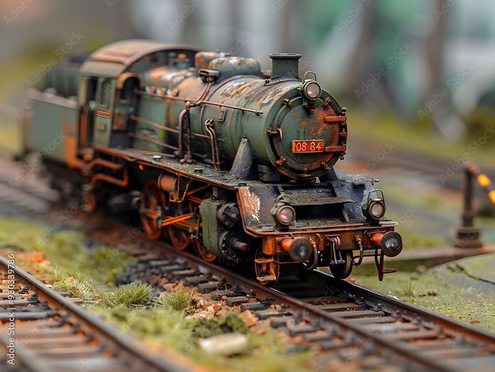 Naklejka premium Model steam locomotive on a miniature railway with detailed scenery and greenery