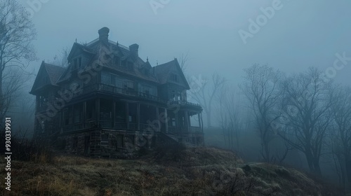 Misty view of an old Victorian house surrounded by bare trees at dawn