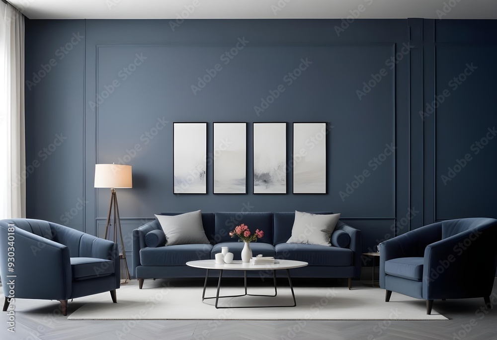 Obraz premium A modern living room with a gray sofa, armchairs, and a coffee table in front of a fireplace. The walls are painted in a dark blue color, and there are four framed artworks hanging on the wall.