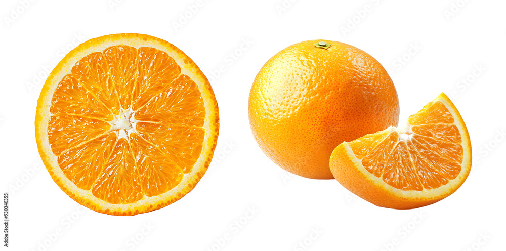 Vibrant Citrus Duo: Fresh Orange and Cross-Section Isolated on Transparent Background Vibrant Citrus Duo: Fresh Orange and Cross-Section Isolated on Transparent Background