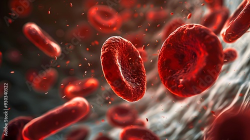 Detailed view of red blood cells moving through a blood vessel in a human body