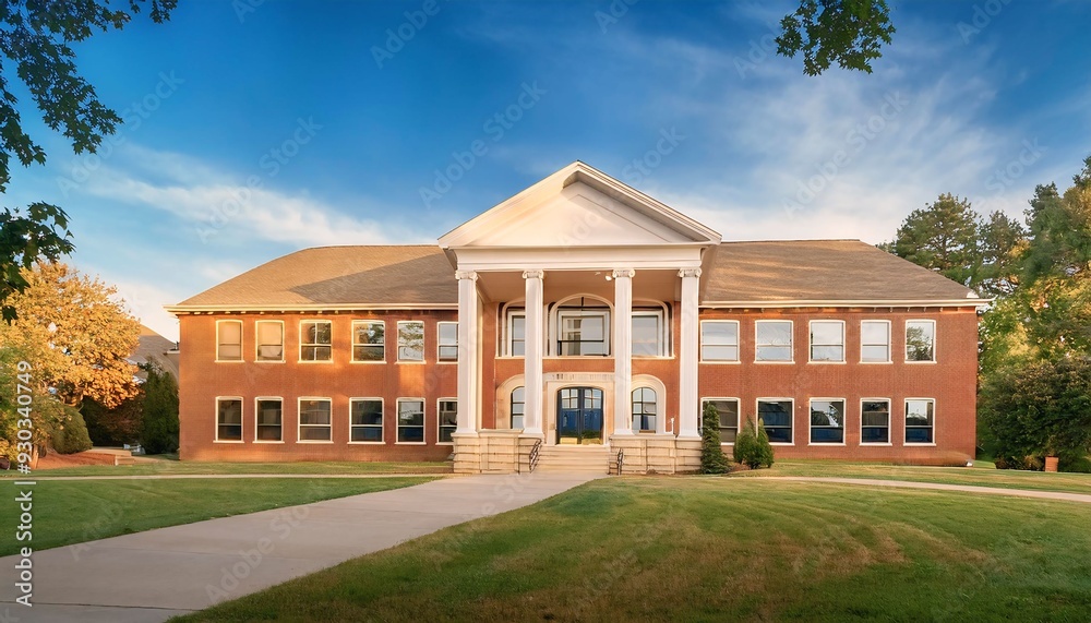 View of architecture of American school building exterior concept, School building and school yard with sunlight reflecting in the windows View of architecture of American school building exterior concept, School building and school yard with sunlight reflecting in the windows