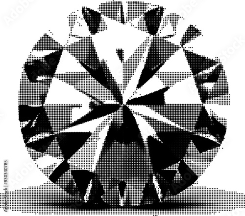 A black and white halftone pattern of a round, faceted gemstone.