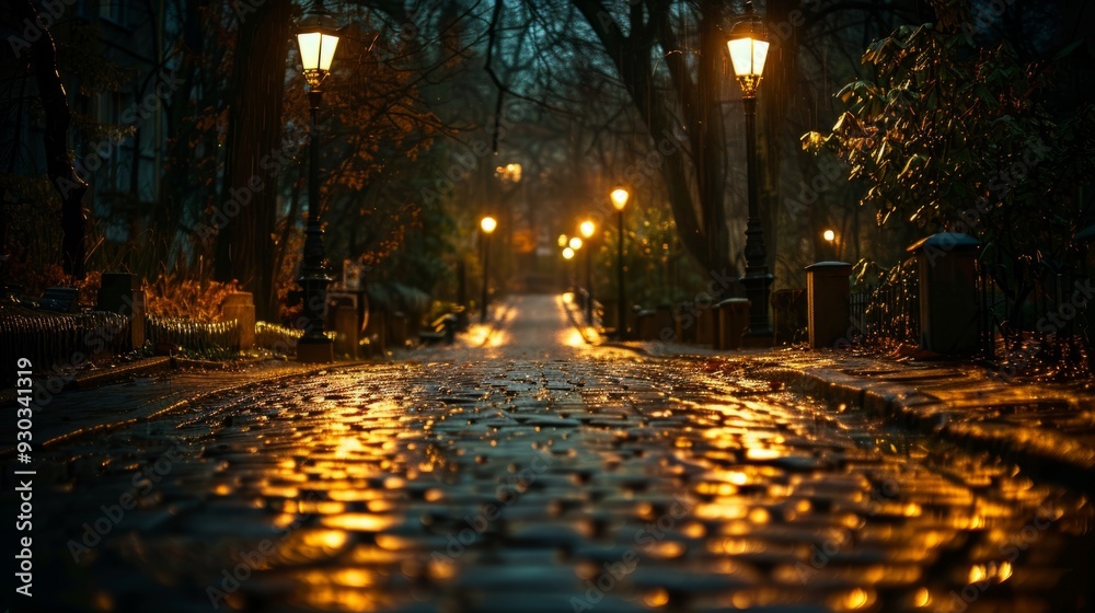 Rain-soaked cobblestone street illuminated by lampposts at twilight in a quiet neighborhood Rain-soaked cobblestone street illuminated by lampposts at twilight in a quiet neighborhood