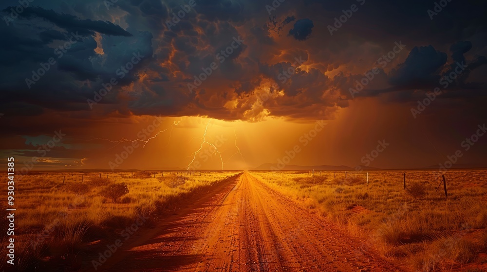 Stormy sunset over a dirt road in a desolate landscape Stormy sunset over a dirt road in a desolate landscape