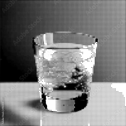 Monochrome pixelated image of a person's face in profile.