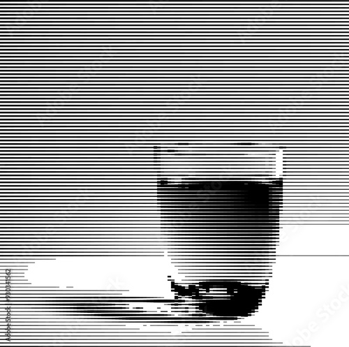 A glitched image of a coffee cup on a striped background.