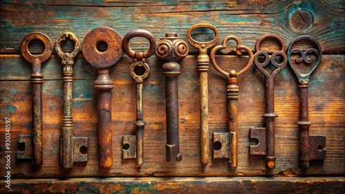 A sentimental arrangement of vintage metal keys in a row, each with unique shapes and rusted patina, telling stories of forgotten doors and memories past. photo