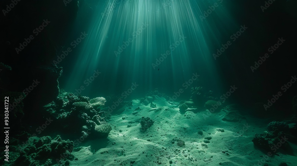 Fototapeta premium Sunlight filtering through water over a tranquil coral reef in the ocean at noon