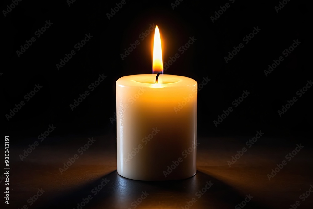 Warm, soft, golden light emanates from a solitary, serene, white candle flame, standing tall on a sleek, dark, isolated black background. Warm, soft, golden light emanates from a solitary, serene, white candle flame, standing tall on a sleek, dark, isolated black background.