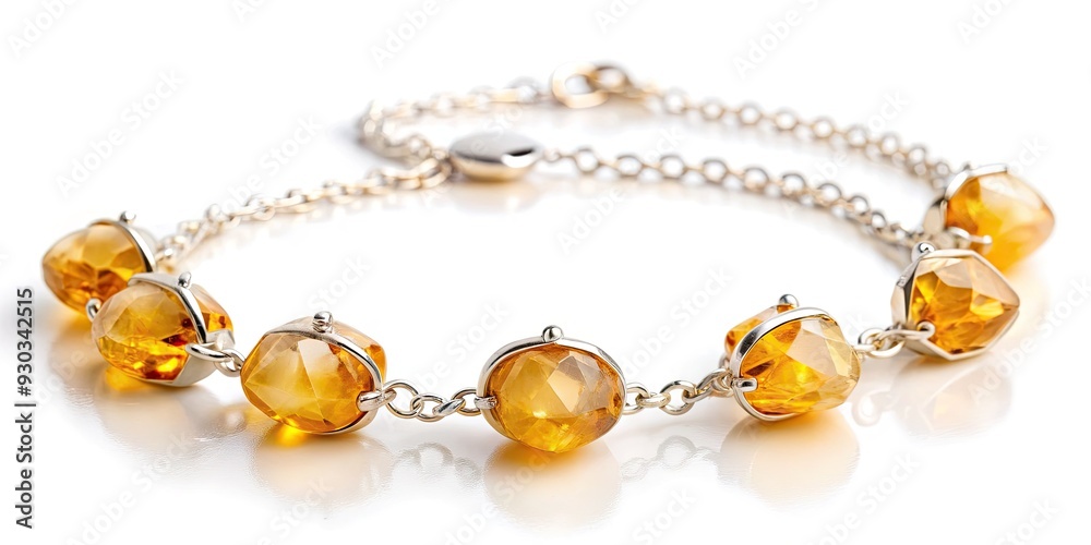 Vibrant citrine gemstones adorn a delicate silver chain bracelet, radiating warm energy against a crisp white backdrop, evoking feelings of positivity and serenity. Vibrant citrine gemstones adorn a delicate silver chain bracelet, radiating warm energy against a crisp white backdrop, evoking feelings of positivity and serenity.