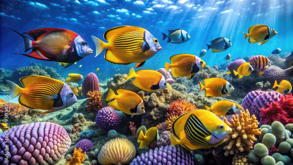 Fototapeta premium Vibrant schools of exotic fish, including angelfish and butterflyfish, dart among the coral formations of a thriving, sun-drenched reef in the crystal-clear Red Sea waters.